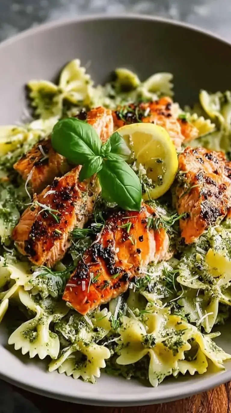 A bowl of fettuccine pasta with cubes of seared salmon in a vibrant green pesto cream sauce garnished with basil.