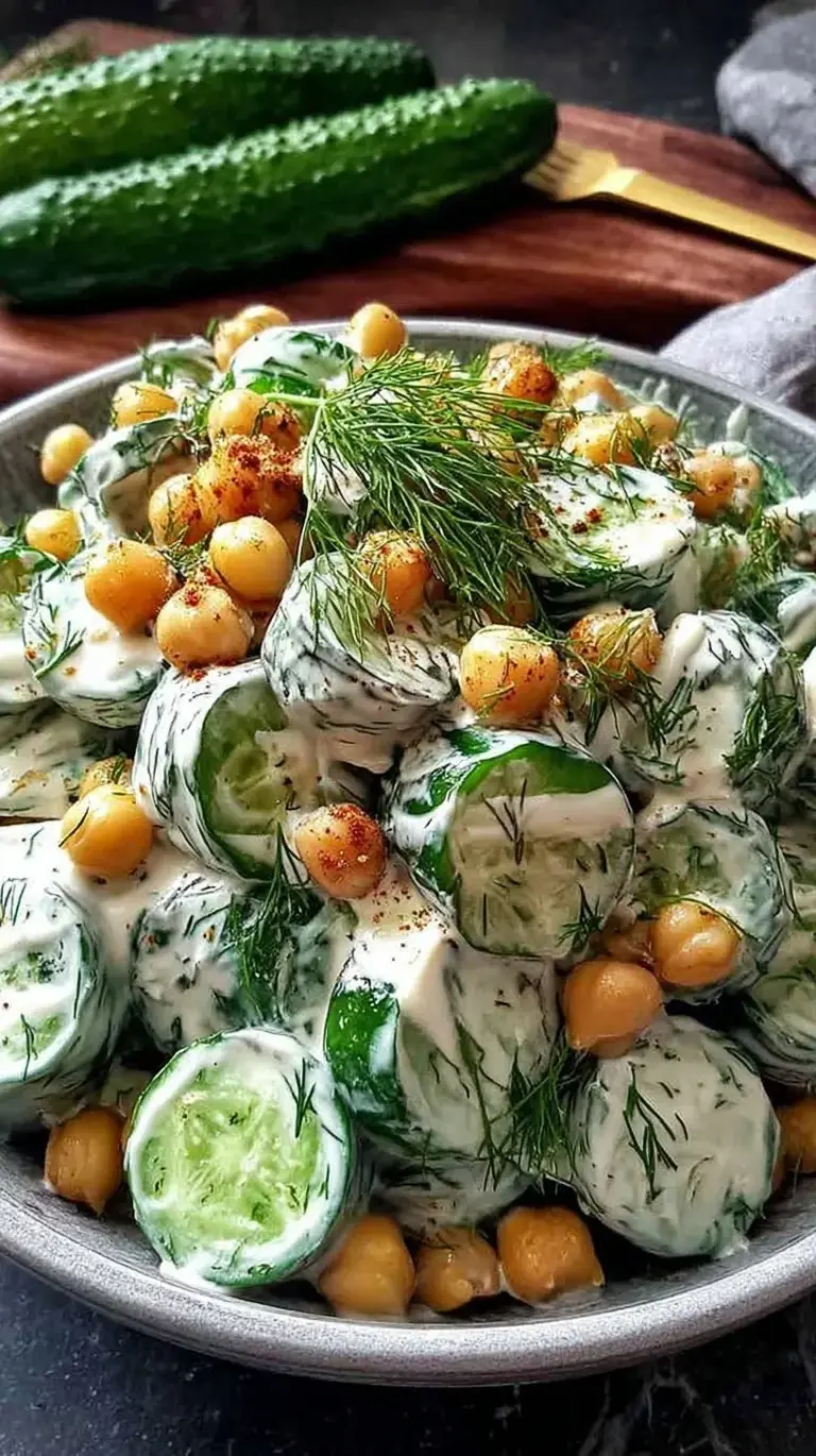 A colorful bowl of chickpea salad with creamy vegan tzatziki dressing, cherry tomatoes, and cucumbers.