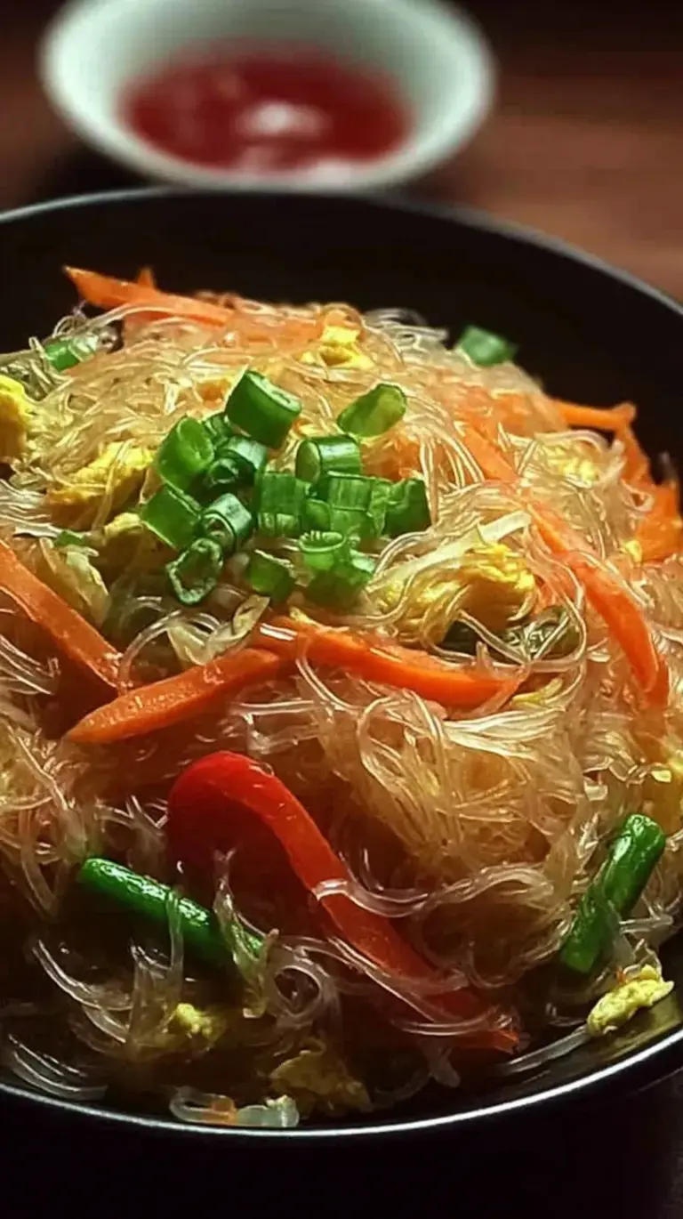 A steaming bowl of wide flat rice noodles with chicken, bok choy, and green onions in a dark savory sauce.