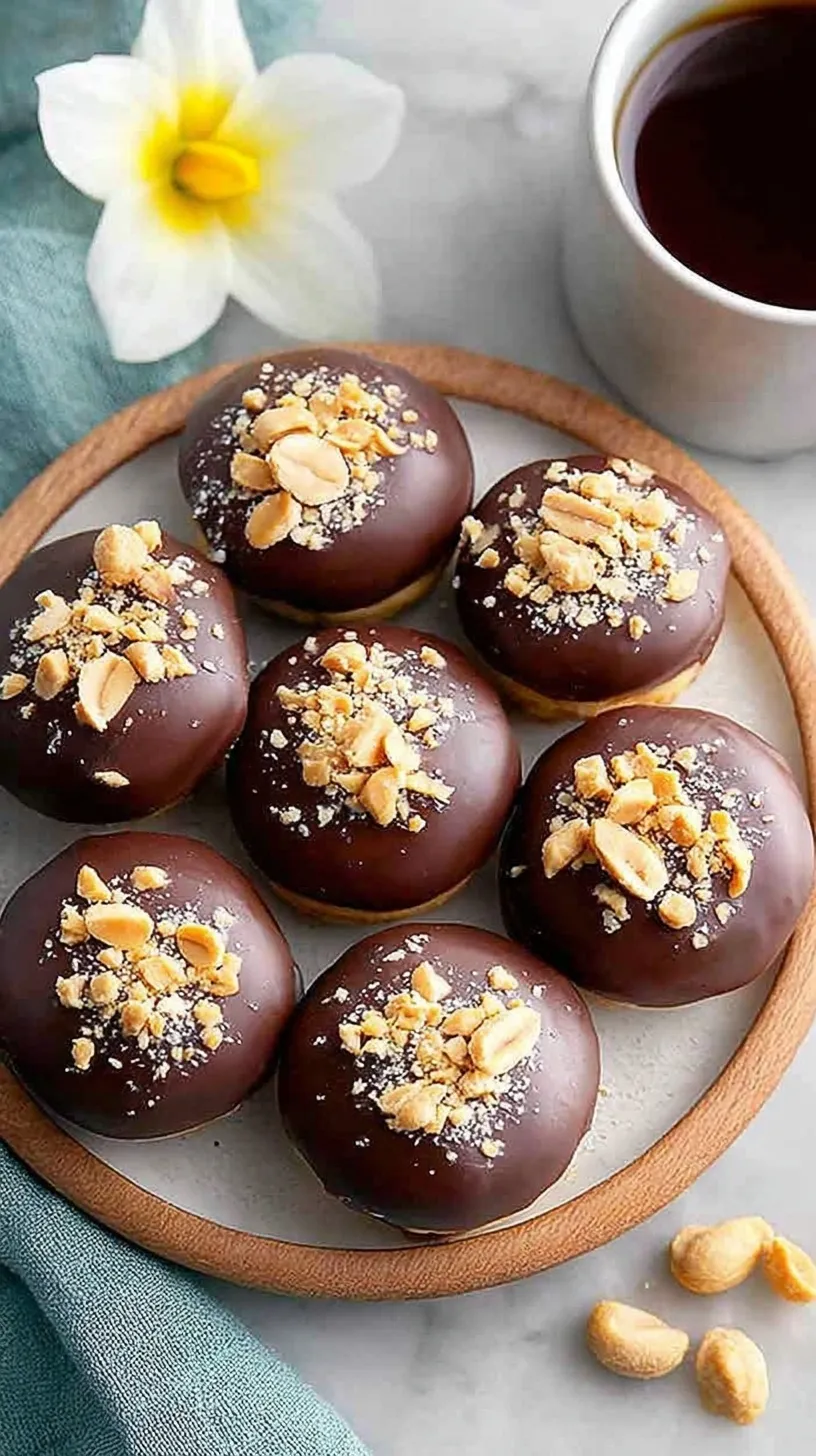 A tray of frozen peanut butter greek yogurt bites topped with mini chocolate chips on parchment paper.