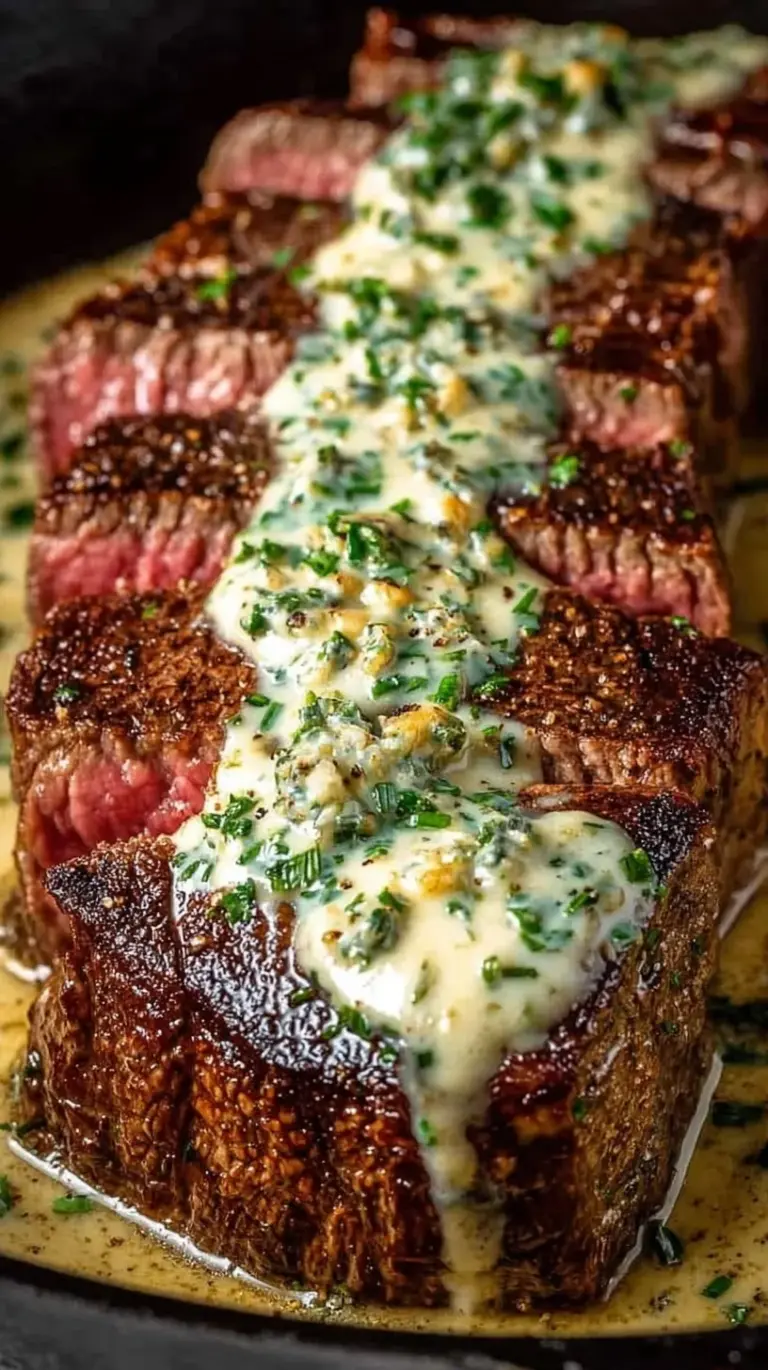 A pan-seared steak topped with a creamy white Parmesan sauce and fresh parsley in a cast iron skillet.