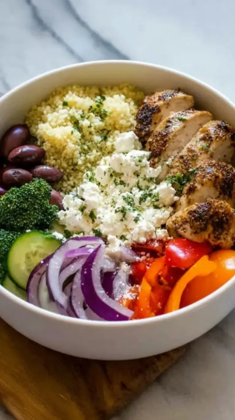 A colorful Greek Chicken Couscous Bowl with grilled chicken, cucumber, tomatoes, and feta cheese on a white plate.