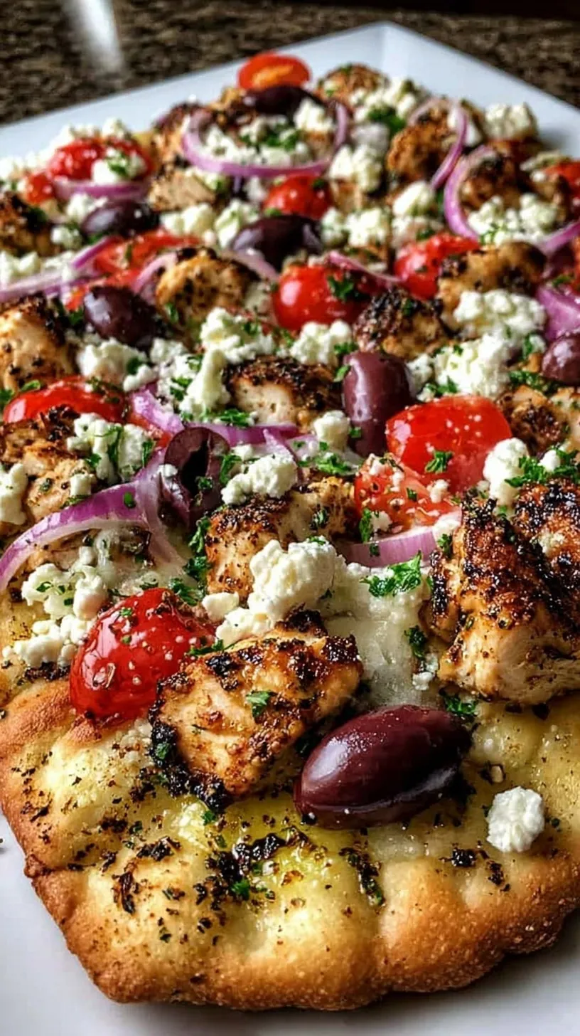 Two golden pita pizzas topped with chicken, feta, olives, and fresh cucumbers on a baking sheet.