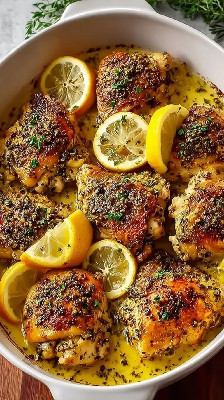 Golden roasted Greek lemon chicken pieces and potato wedges in a roasting pan garnished with fresh parsley.