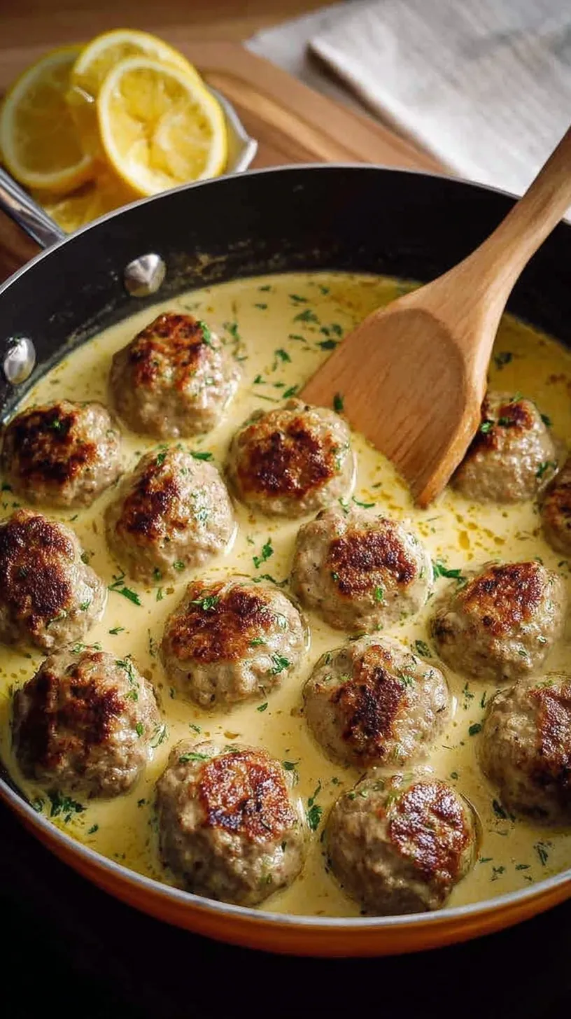 Juicy Greek meatballs in a creamy lemon sauce garnished with fresh herbs in a skillet.