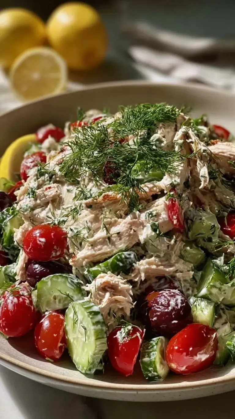A colorful bowl of Greek Tzatziki Chicken Salad with grilled chicken, cucumbers, and feta.
