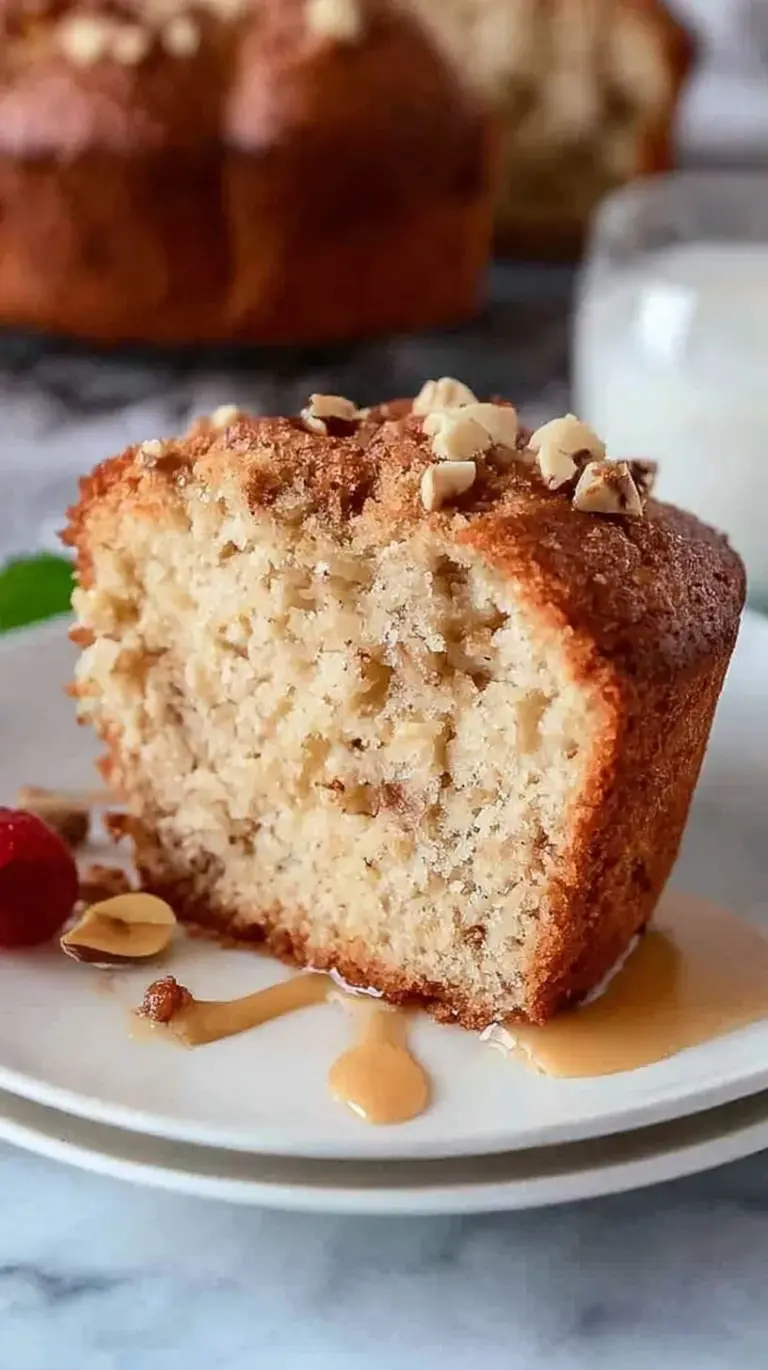 A sliced high protein greek yogurt cake on a white plate with lemon zest on top.
