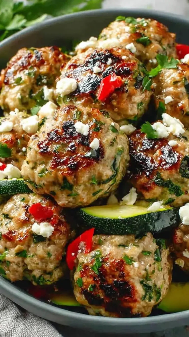 A tray of golden brown Greek zucchini turkey meatballs served with lemon wedges and fresh herbs.