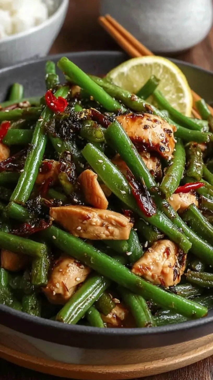 A colorful stir fry with sliced chicken breast and bright green beans in a glossy brown sauce.
