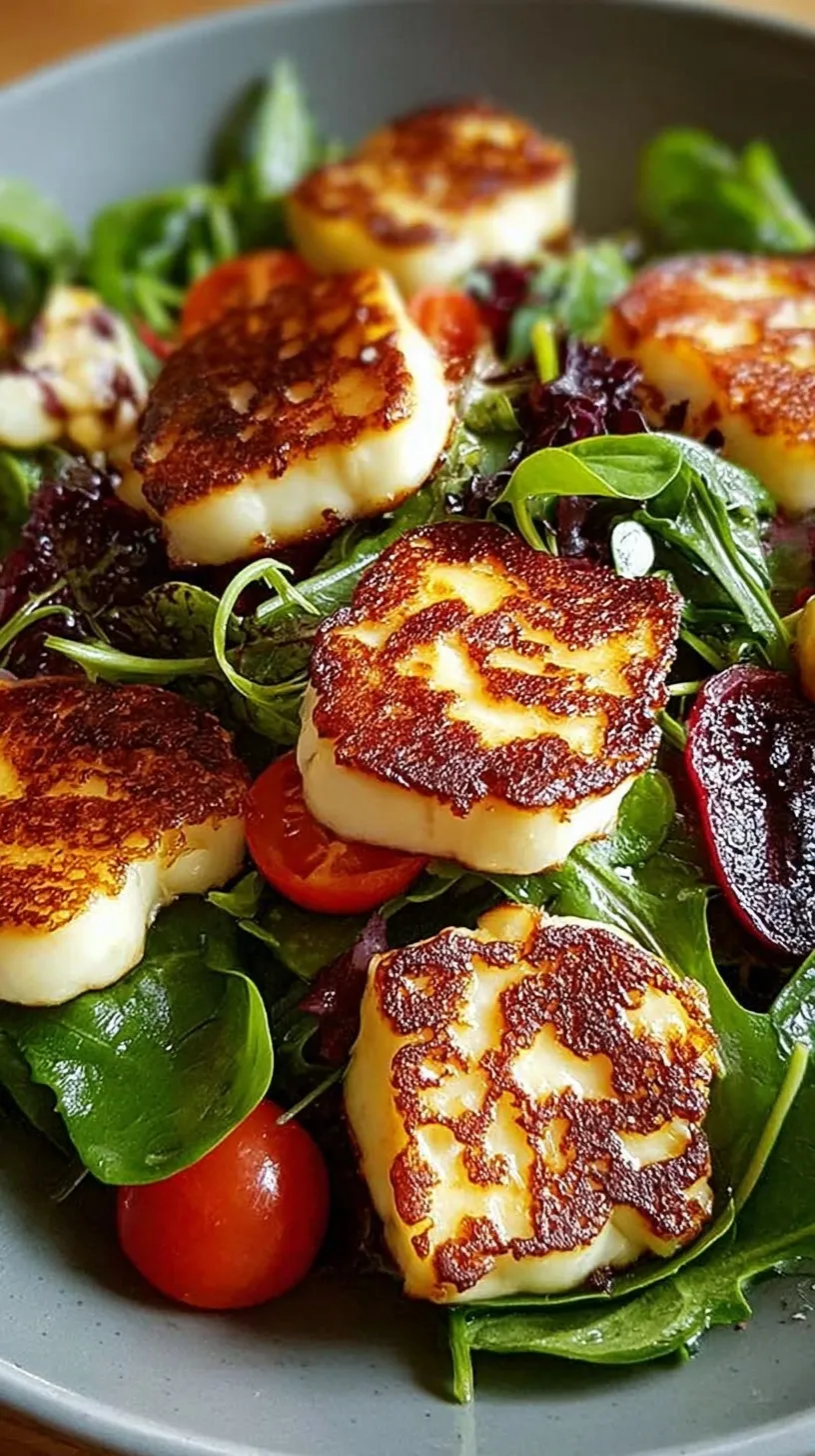 A vibrant bowl of grilled halloumi salad with golden-brown cheese slices, cherry tomatoes, and cucumbers on a bed of greens.