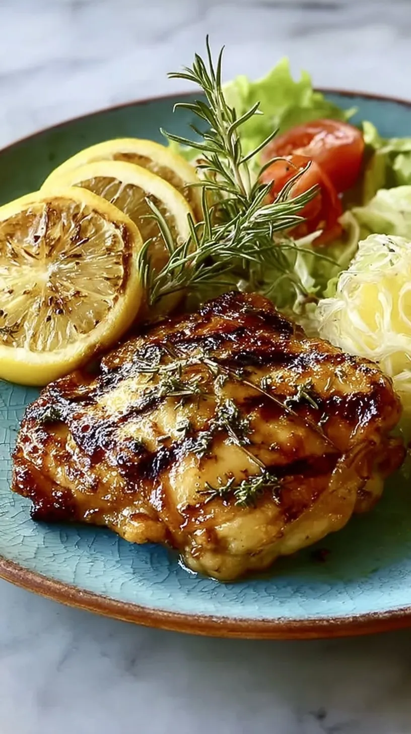 Grilled lemon garlic chicken thighs with charred skin and fresh herbs on a platter