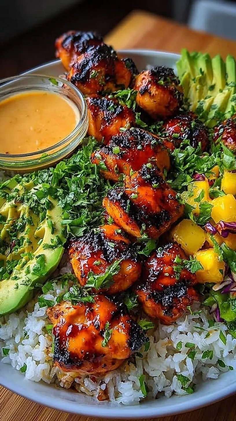 Grilled glazed chicken bites on skewers served over a bed of fluffy white coconut rice with green onion garnish.