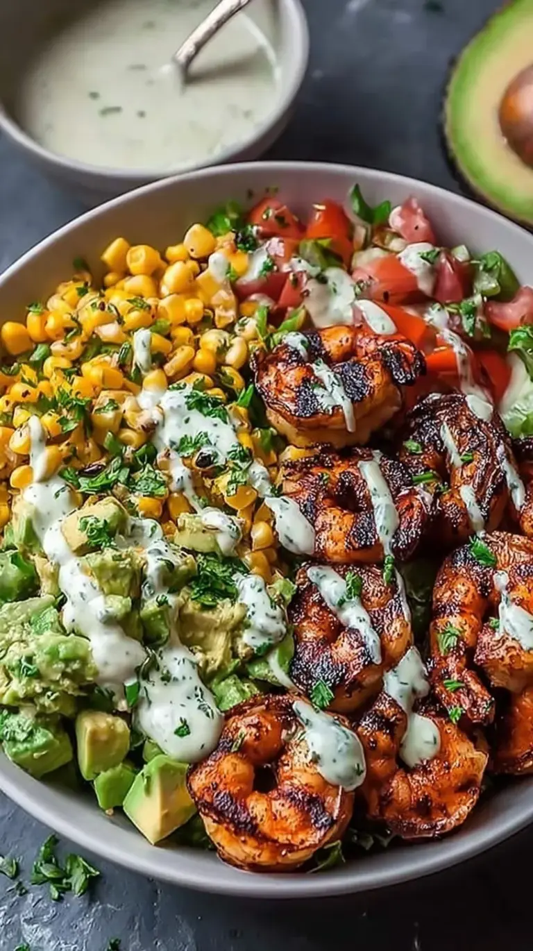 A colorful Grilled Shrimp Bowl topped with avocado corn salsa and drizzled with white garlic sauce.