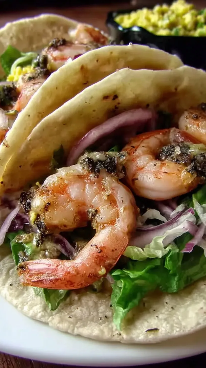 Platter of grilled shrimp tacos with cabbage slaw, cilantro, and lime crema drizzle