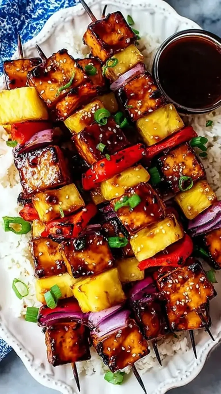 Colorful skewers with grilled tofu, red peppers, and pineapple chunks on a grill pan.