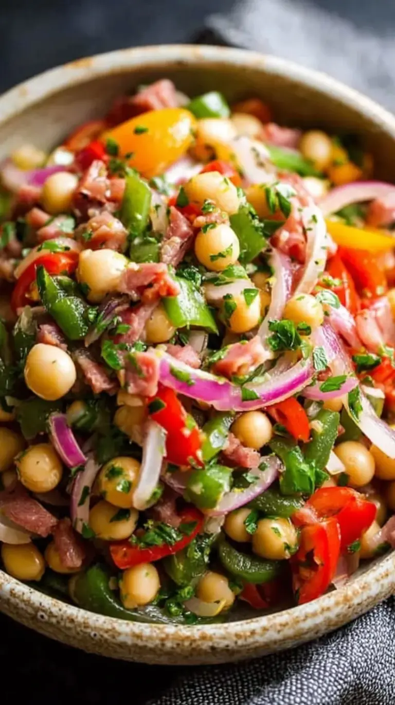 A colorful bowl of Grinder Dense Bean Salad with chickpeas, salami, and provolone cheese.