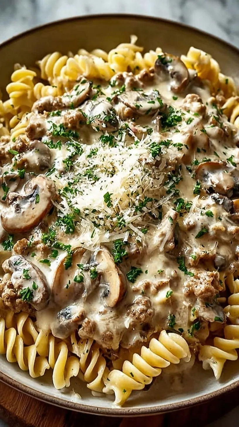 A skillet of creamy ground turkey stroganoff with mushrooms over egg noodles garnished with parsley