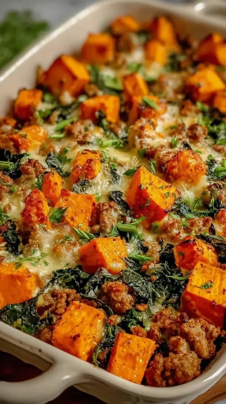 A colorful baking dish filled with roasted sweet potatoes, ground turkey, and melted cheddar cheese topped with fresh parsley.
