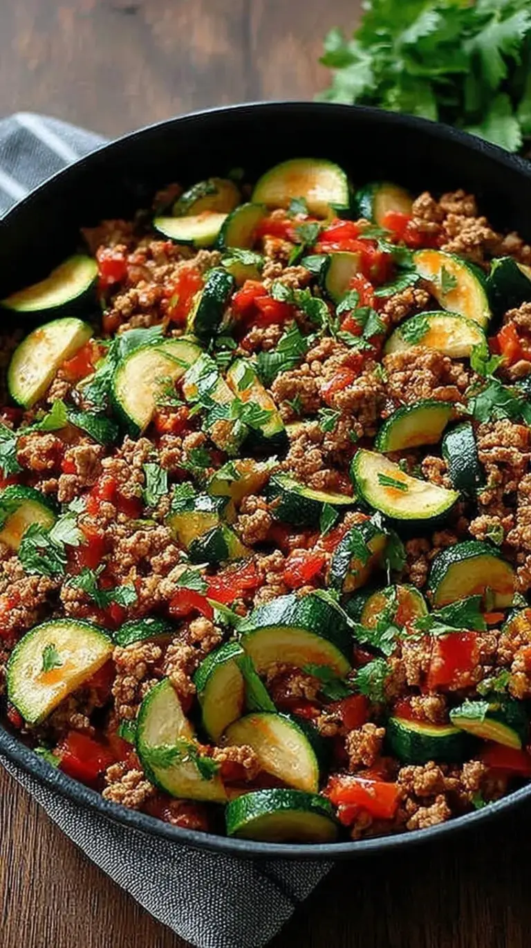 A colorful ground turkey zucchini skillet with melted mozzarella cheese and diced tomatoes in a cast iron pan.