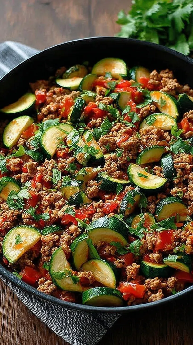 A colorful ground turkey zucchini skillet with melted mozzarella cheese and diced tomatoes in a cast iron pan.