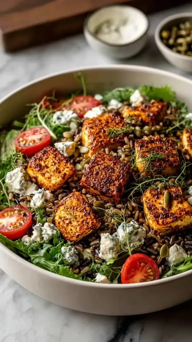 A colorful bowl of Harissa Chicken Wild Rice Salad with fresh herbs and creamy tahini dressing.