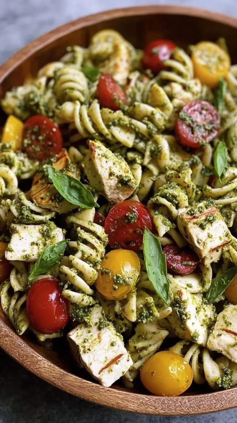 A colorful bowl of healthy chicken pesto pasta salad with cherry tomatoes, cucumbers, and pine nuts.