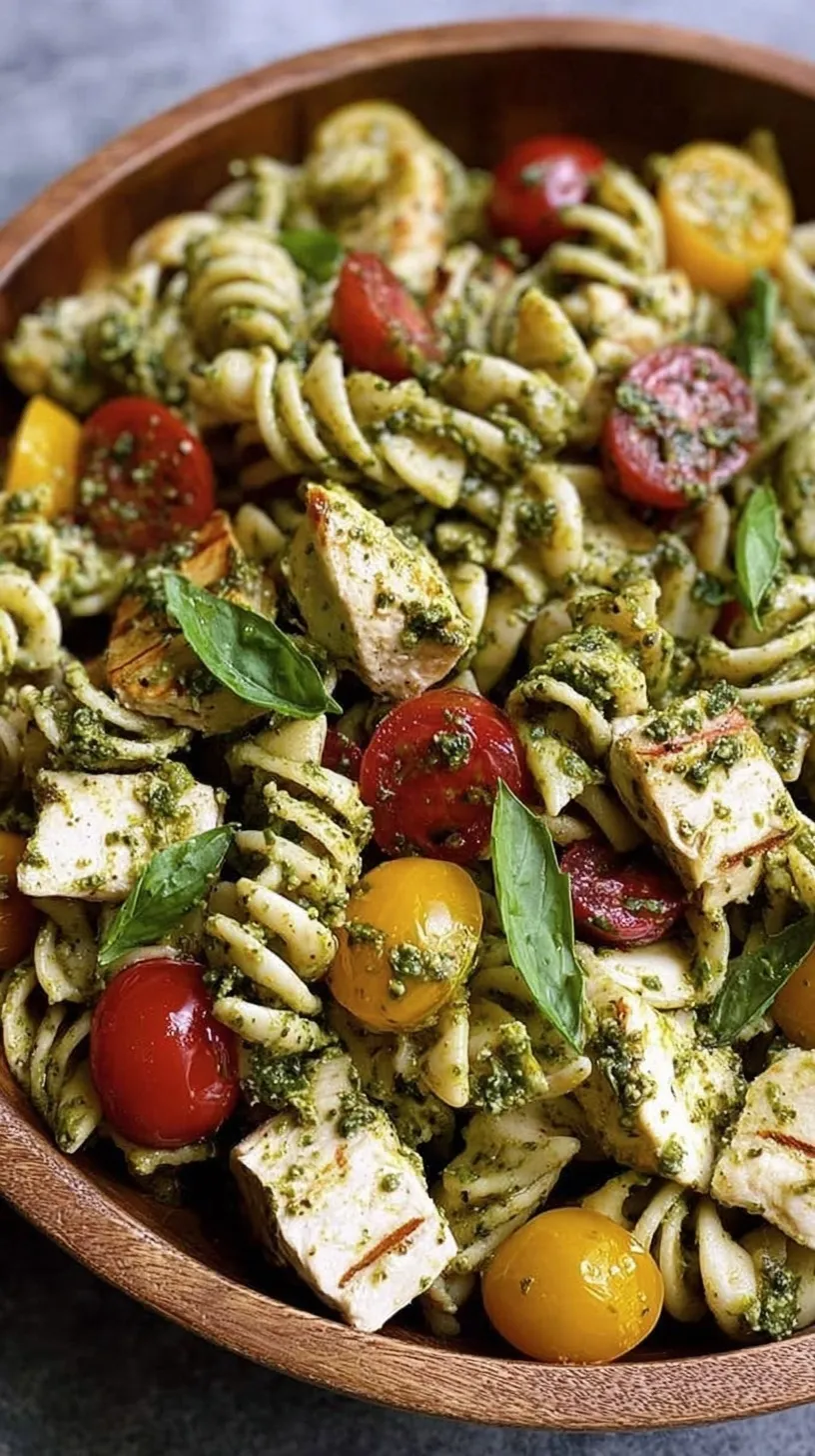 A colorful bowl of healthy chicken pesto pasta salad with cherry tomatoes, cucumbers, and pine nuts.