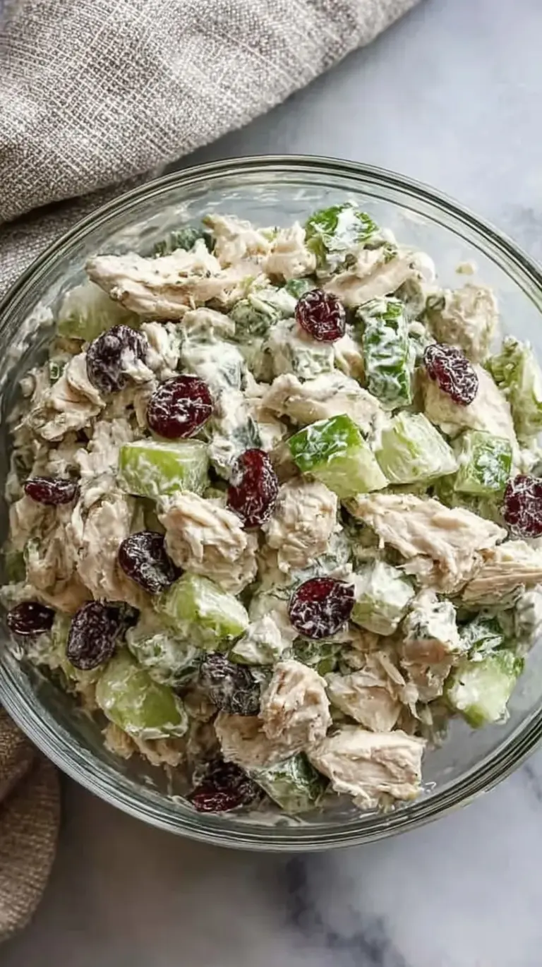 A bowl of creamy healthy chicken salad with grapes and celery