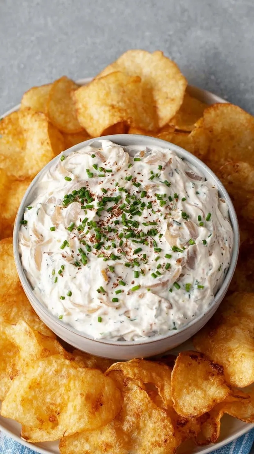 A bowl of creamy healthy greek yogurt onion dip topped with fresh chives next to vegetable sticks.