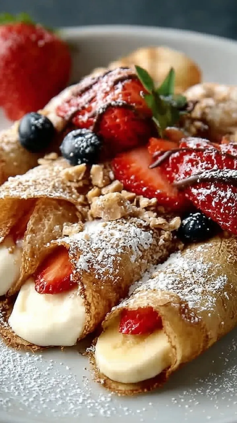 Thin golden protein crepes folded with creamy yogurt and sliced strawberries on a white plate