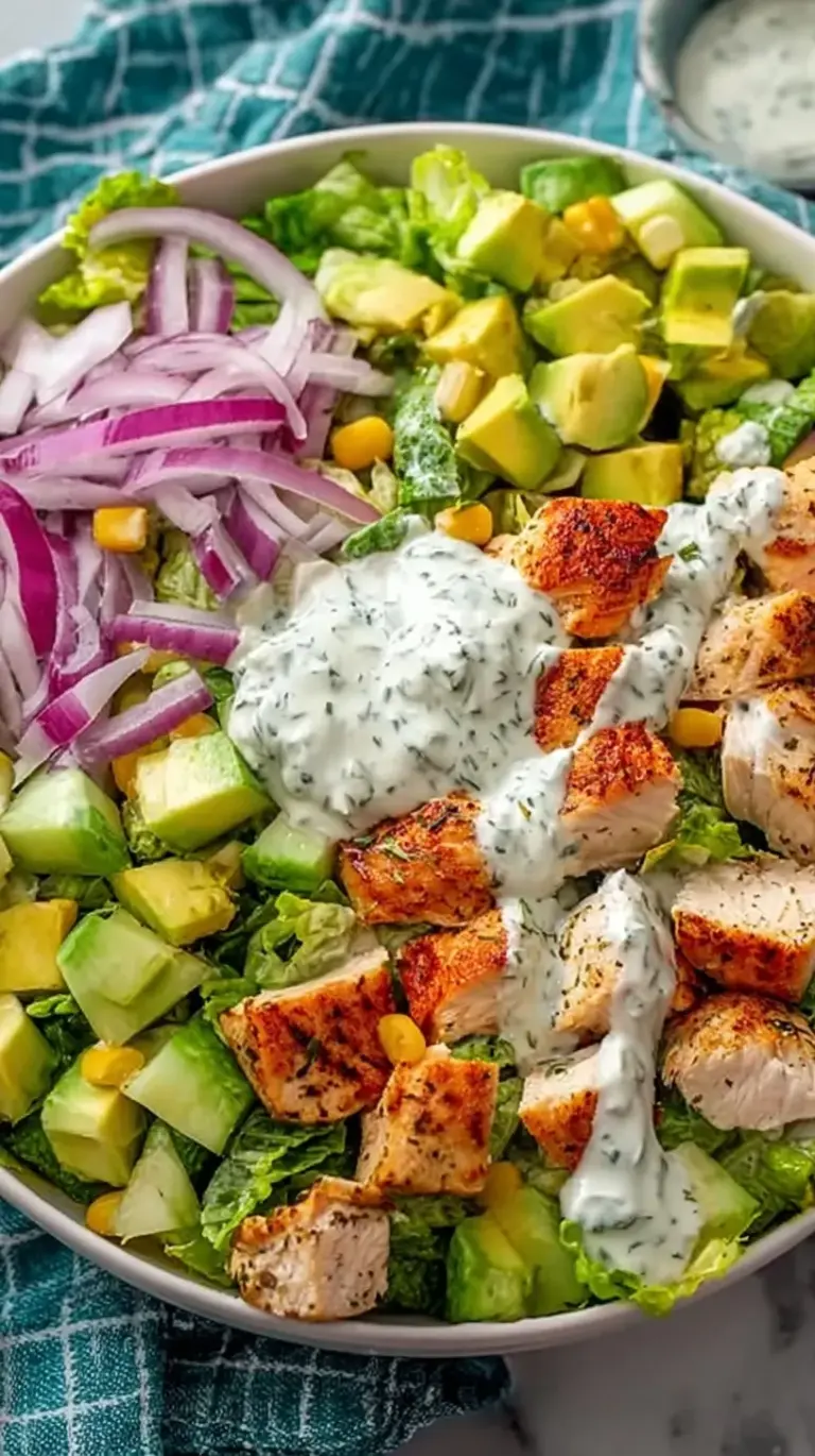 A bowl of creamy healthy ranch chicken salad garnished with fresh chives