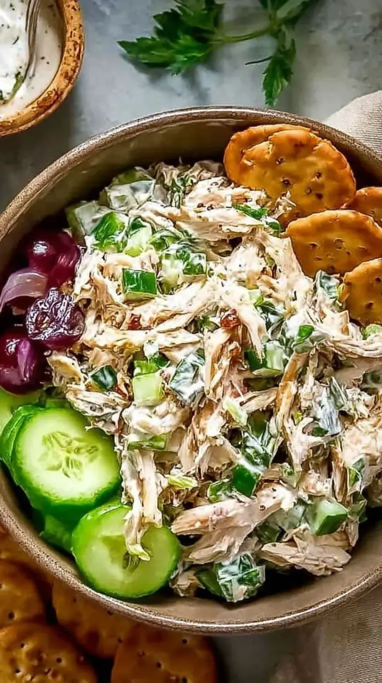 A bowl of creamy healthy chicken salad with grapes and celery on a bed of greens.