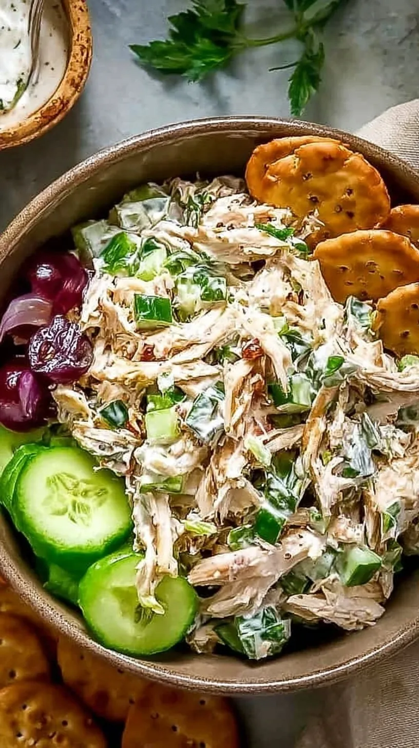 A bowl of creamy healthy chicken salad with grapes and celery on a bed of greens.