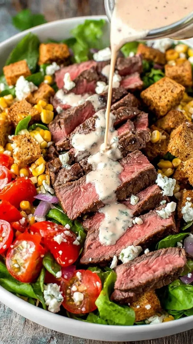 A colorful plate of Healthy Southwest Flank Steak Salad with sliced avocado and grilled steak.