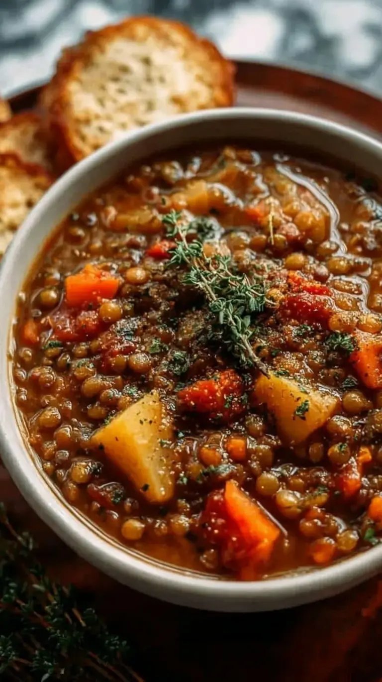 A steaming bowl of hearty lentil stew with fresh spinach and carrots on a rustic wooden table.