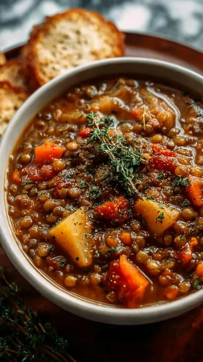 A steaming bowl of hearty lentil stew with fresh spinach and carrots on a rustic wooden table.