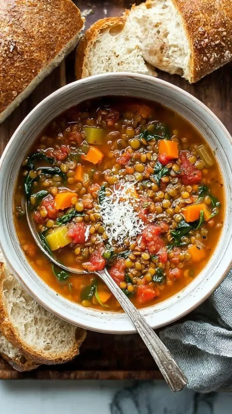 A steaming bowl of hearty minestrone lentil soup topped with parmesan cheese and fresh herbs.