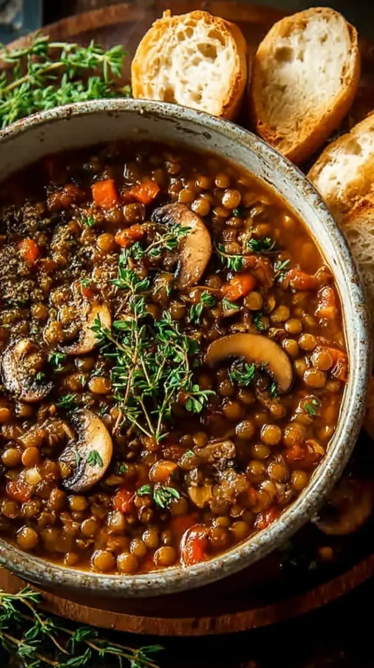 A steaming bowl of thick vegan lentil mushroom stew with carrots and kale