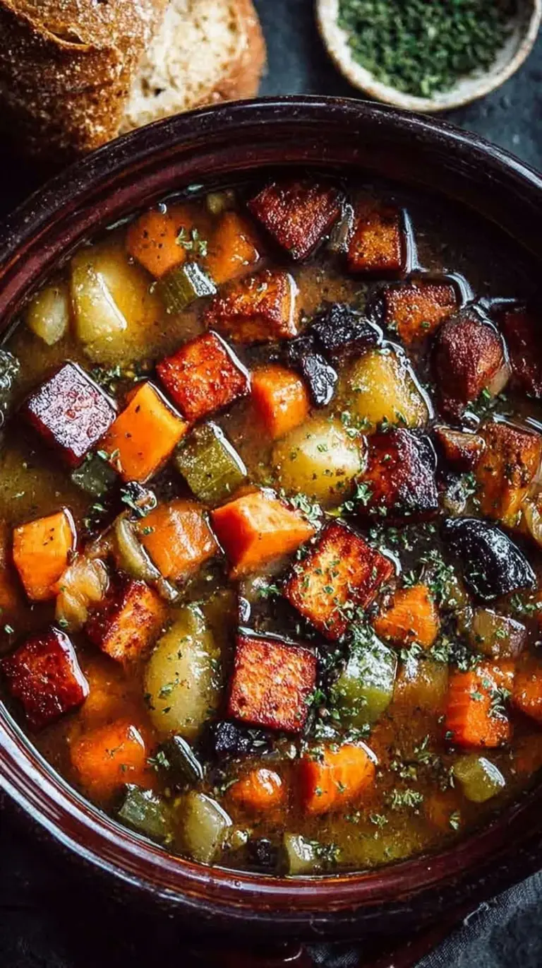 A steaming bowl of hearty vegan stew with smoked tofu, potatoes, and carrots in a savory brown broth.