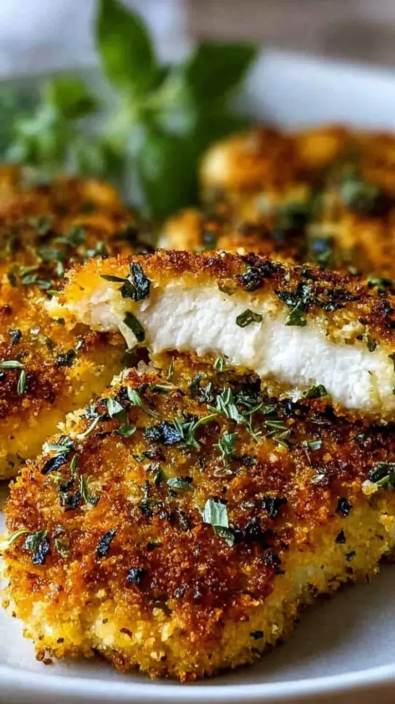 Golden brown herb-crusted baked parmesan chicken on a baking sheet
