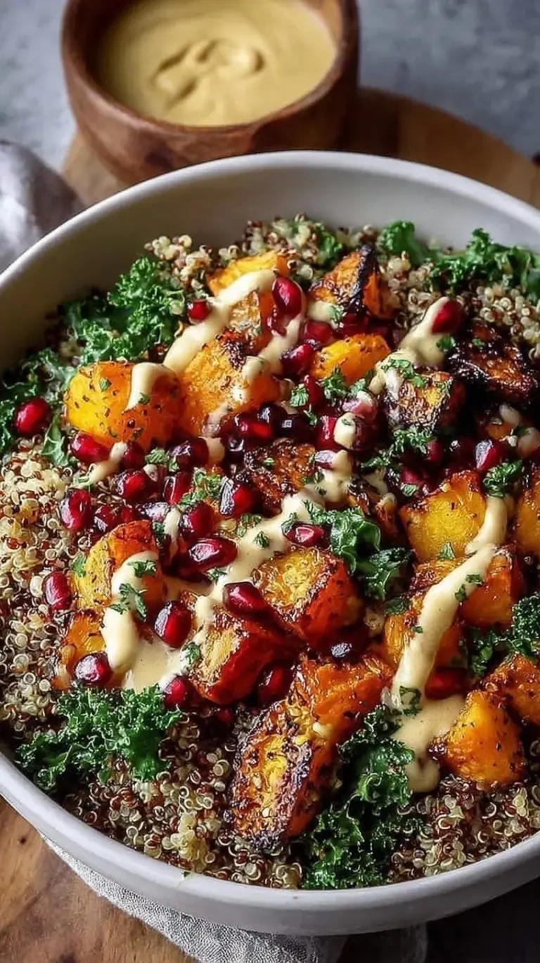 Colorful quinoa bowls with roasted sweet potatoes, Brussels sprouts, chicken, and kale topped with tahini dressing.