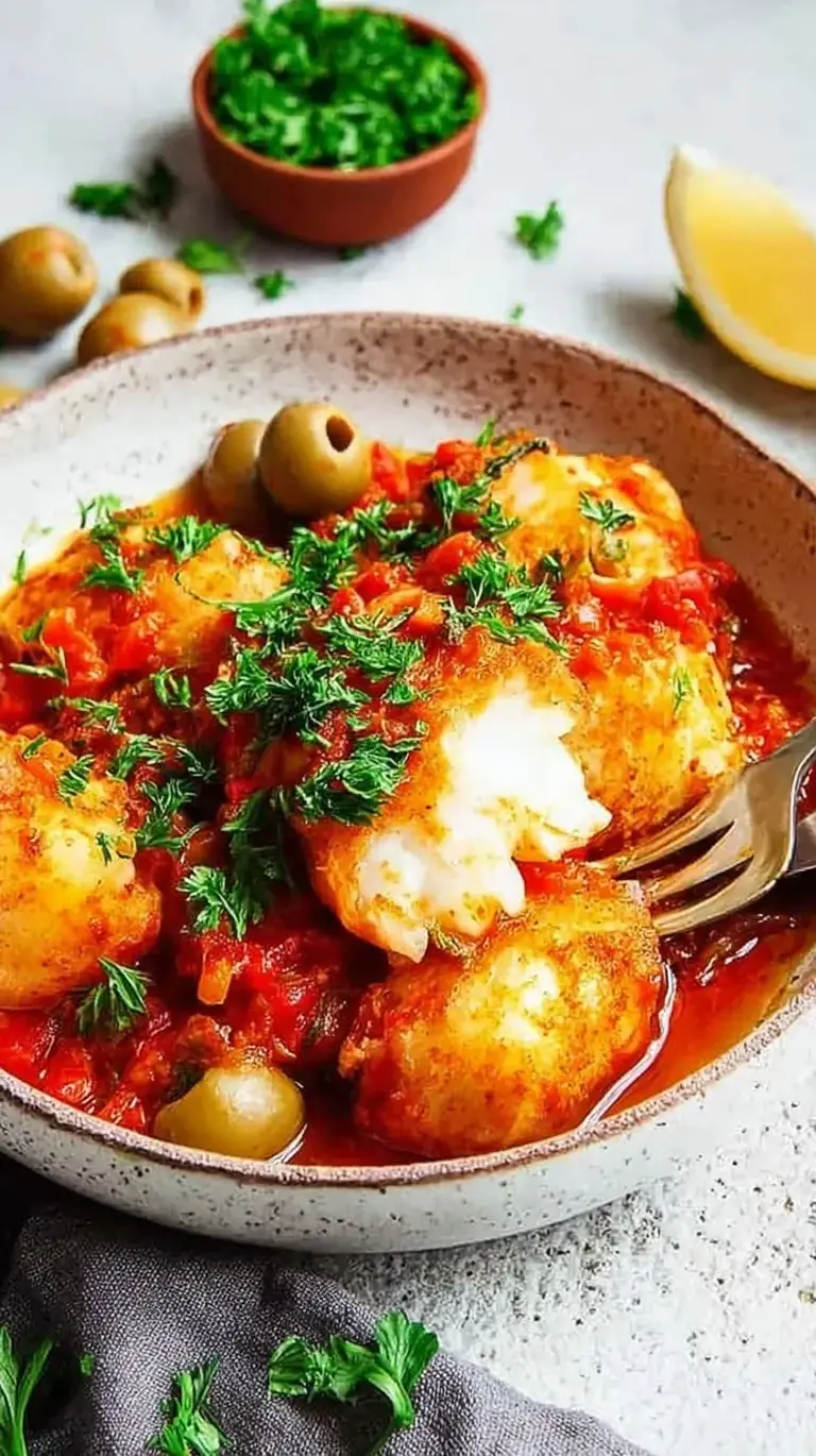 A vibrant pot of High Protein Bacalao a la Vizcaina with red peppers, olives, and fresh parsley.