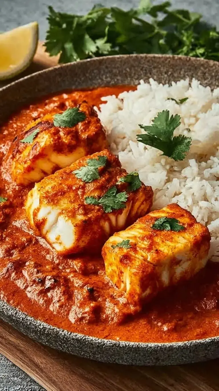 A bowl of vibrant orange Fish Tikka Masala garnished with fresh cilantro and served in a dark ceramic bowl.