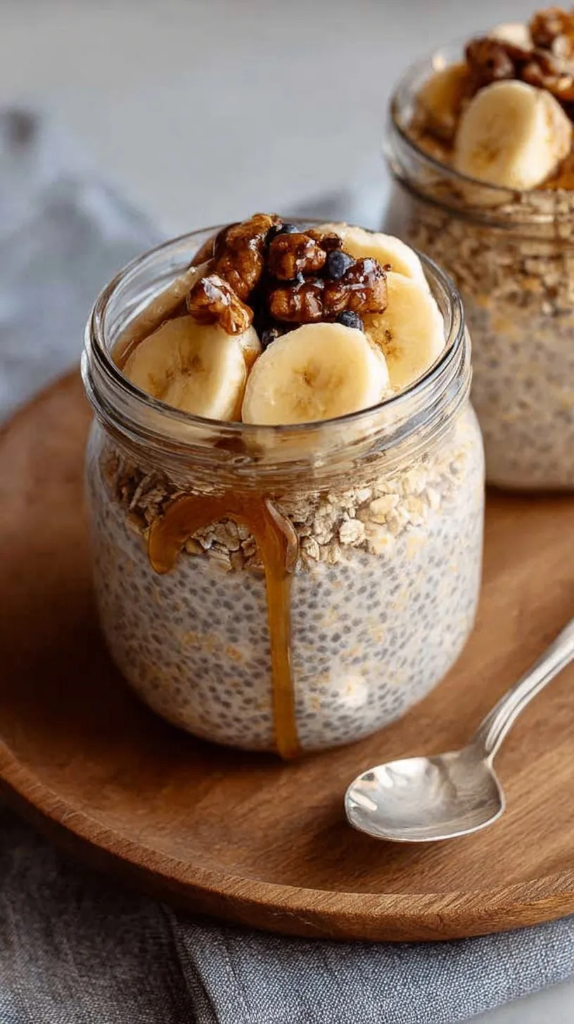 A glass jar filled with creamy brown sugar overnight oats topped with a sprinkle of cinnamon.