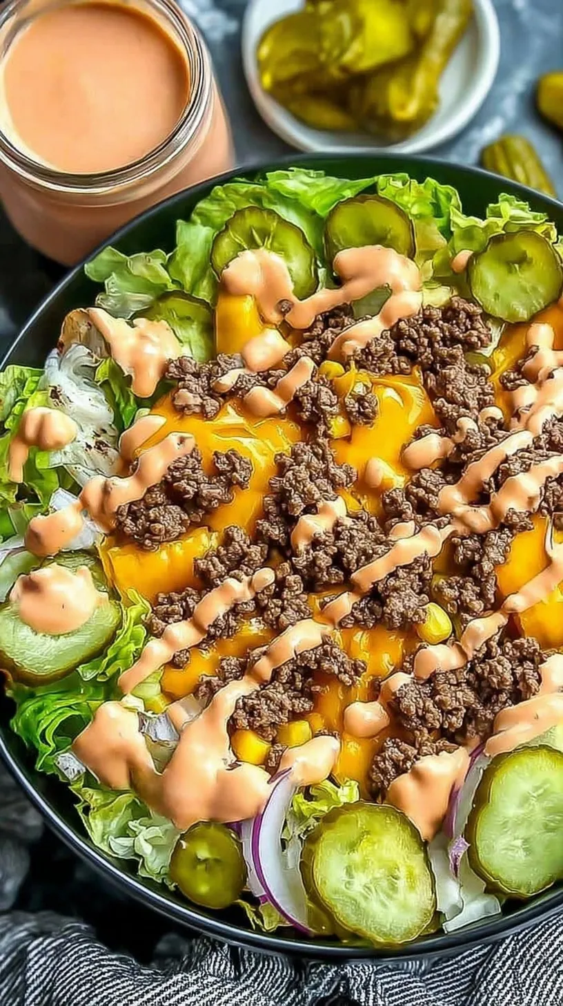 A vibrant High Protein Cheeseburger Bowl with ground beef, melted cheddar, pickles, and tomatoes on a bed of romaine lettuce.