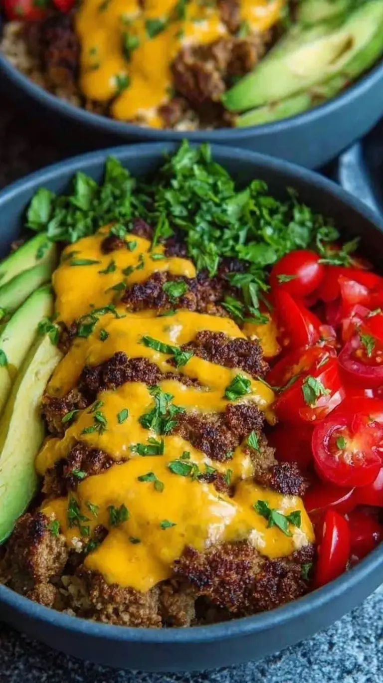 Colorful High Protein Cheeseburger Bowls with seasoned beef, tomatoes, pickles, and cheddar cheese in a meal prep container.