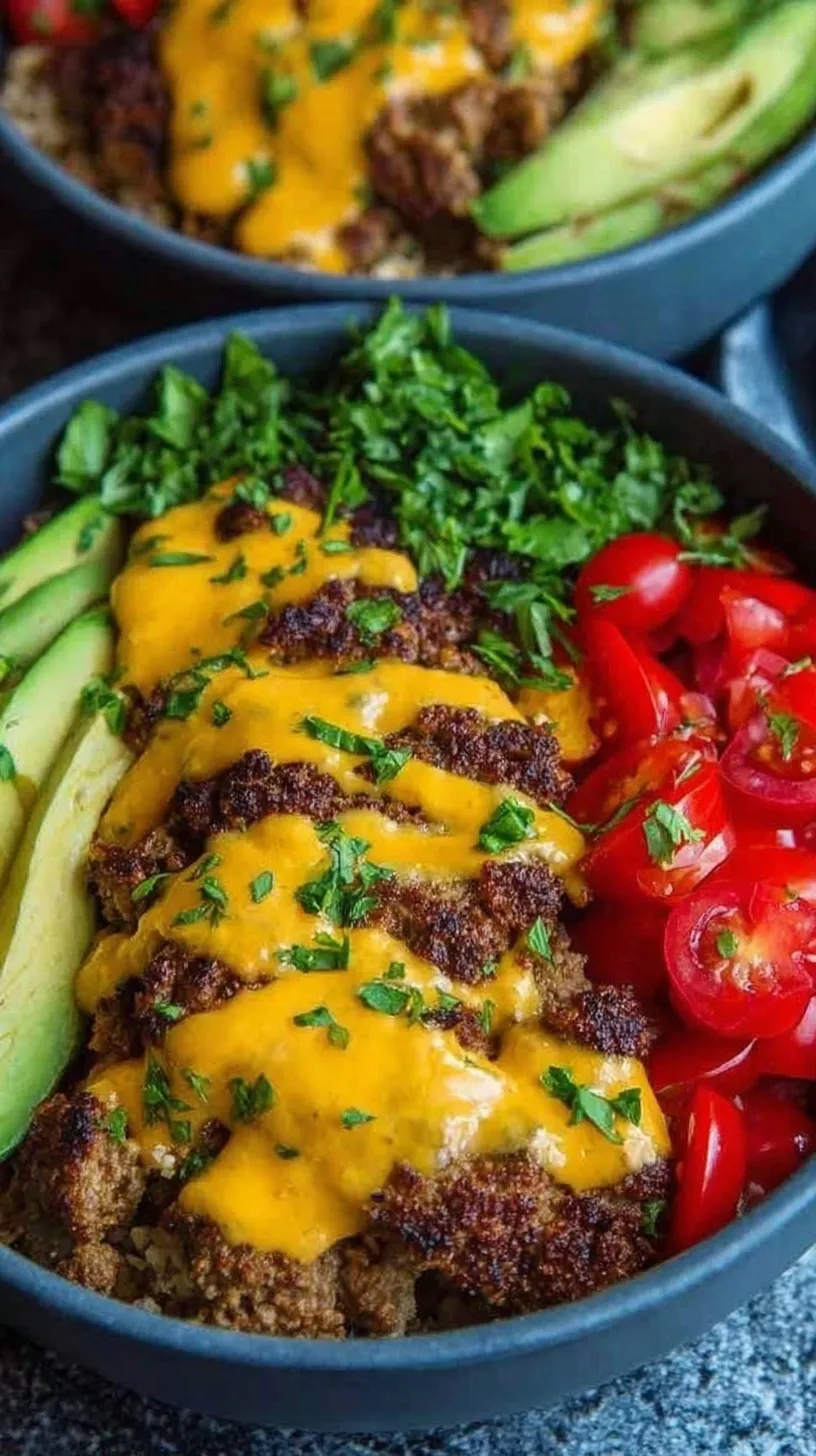 Colorful High Protein Cheeseburger Bowls with seasoned beef, tomatoes, pickles, and cheddar cheese in a meal prep container.