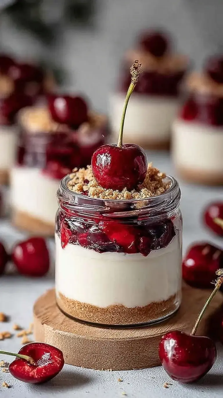 Four glass jars filled with layers of graham cracker crust, creamy white cheesecake filling, and vibrant red cherry topping.