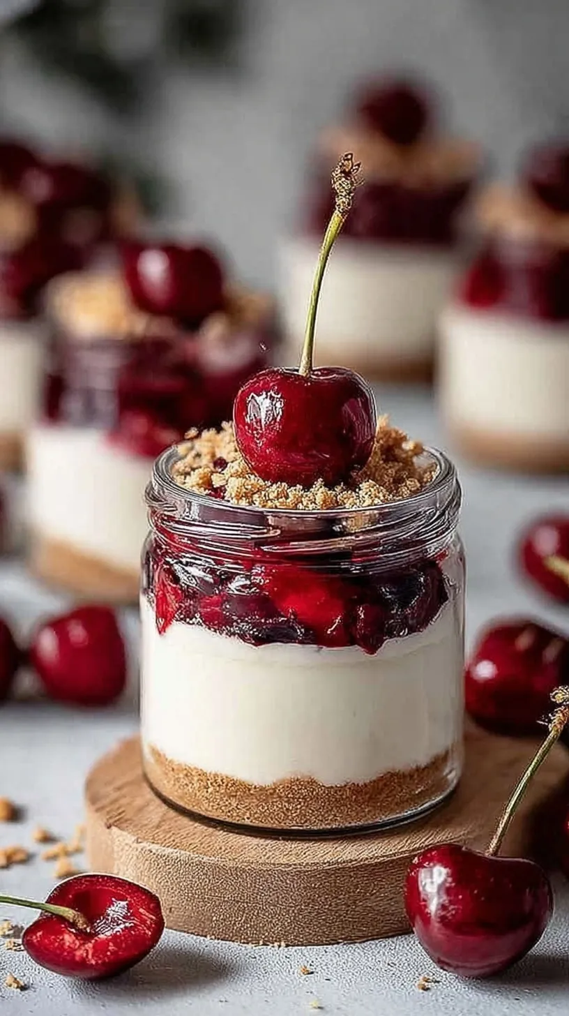 Four glass jars filled with layers of graham cracker crust, creamy white cheesecake filling, and vibrant red cherry topping.