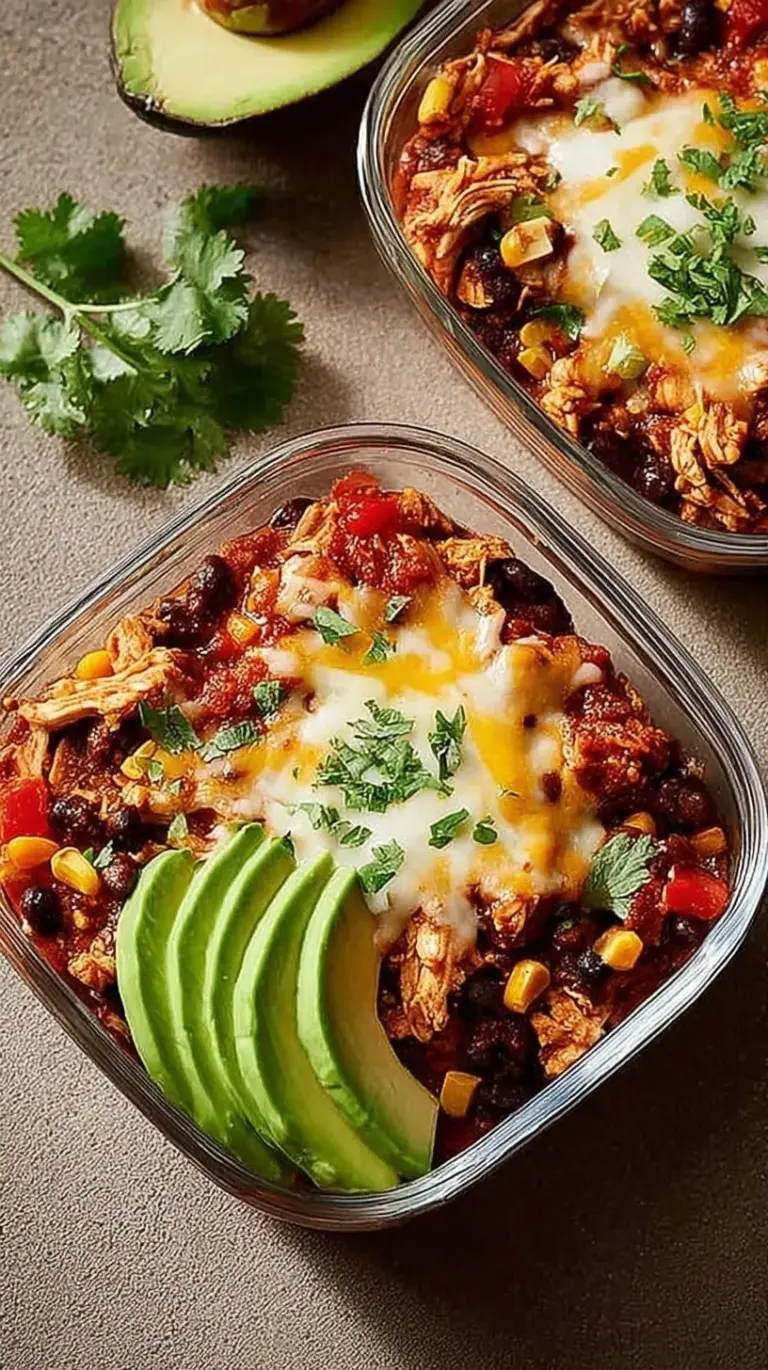 Four meal prep containers filled with quinoa, chicken enchilada mixture, and avocado slices.